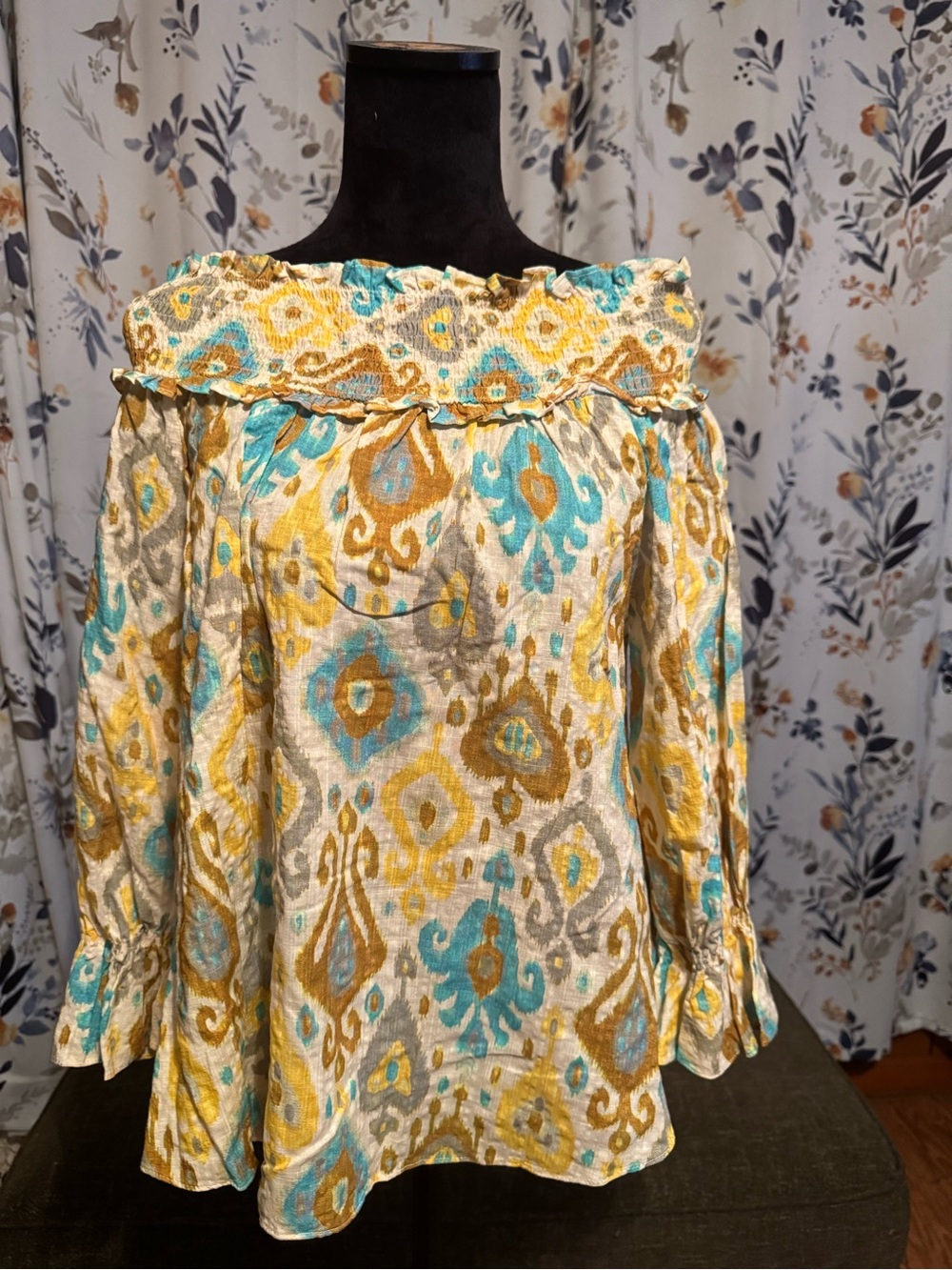 Off-Shoulder Ikat Print Blouse in Yellow & Teal